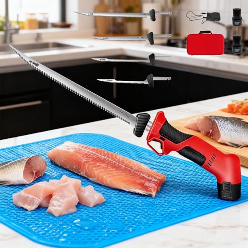 Cuchillo Eléctrico Para Filetear Pescado | Cuchillo Inalámbrico Para Filetear Pescado Con 4 Hojas, Mango Antideslizante Y Seguro + 2 Baterías Recargables + Bolsa De Transporte Para Pescar, Acampar