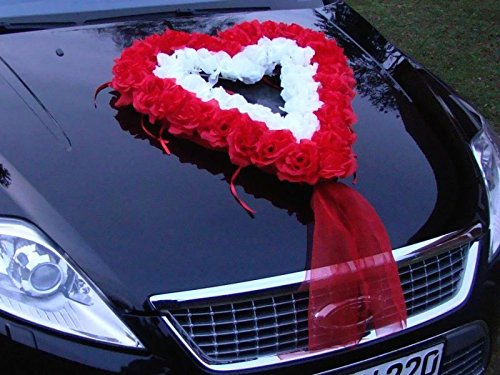 FEST HERZE Auto Schmuck Braut Paar Rose Deko Dekoration Autoschmuck Hochzeit Car Auto Wedding Deko Kirche Haus Halle PKW (Rot/Weiß)