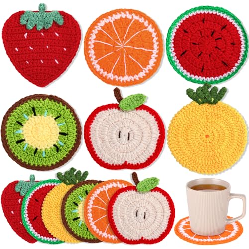 Hillsuren 6 Sets Fruit Crochet Coasters Cute Drink Coaster Set 4.3 Inch Spring Summer Handmade Colorful Drink Cup Mat Gift Absorbent Funny Table Fruit Decor for New Home Office Summer Party Tabletop