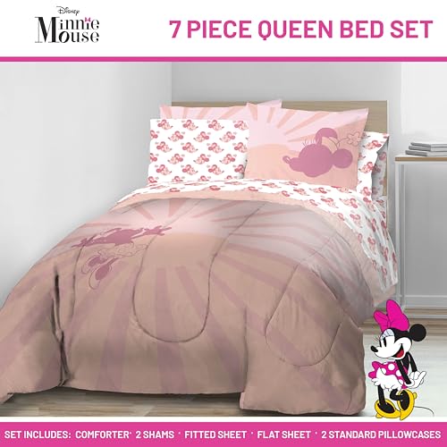 Image of Disney Minnie Mouse Queen Comforter Set 7 Piece Bedding for Girls, Pink | Bed in a Bag, Comforter Sheets Shams Pillowcases, Official Product, Soft Microfiber, Machine Washable, Girls Gift