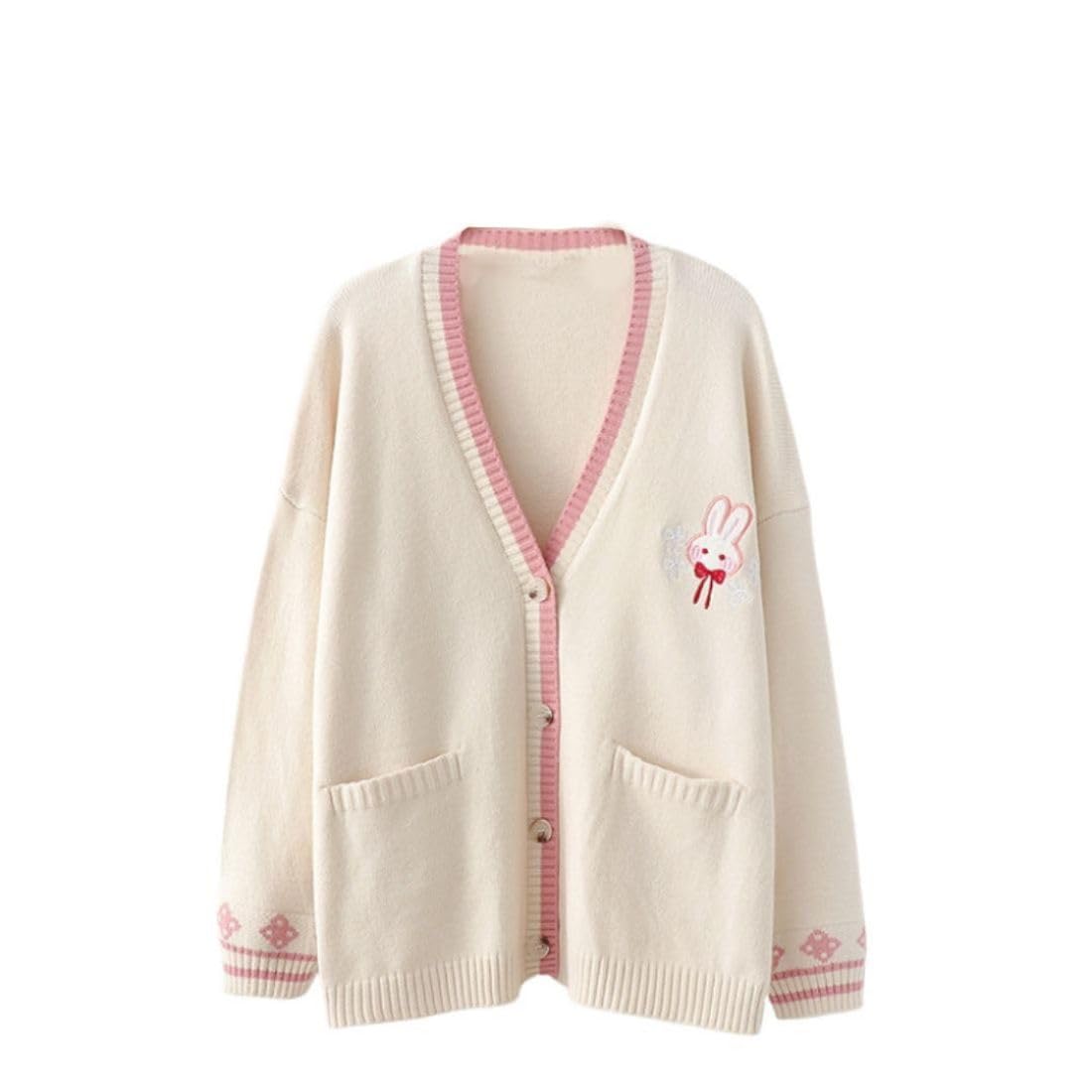 Women’s Cute Rabbit Embroidered Cardigan Long Sleeve Pocketed Kawaii Cardigans Sweater
