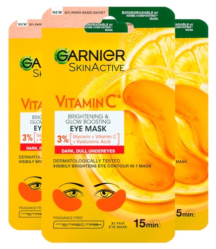 Garnier SkinActive Vitamin C Masque Contour des Yeux Illuminant Pour Tous Types de Peau avec Vitamine C Acide Hyaluronique Tissu Biodégradable - 3 paquets de 1 application