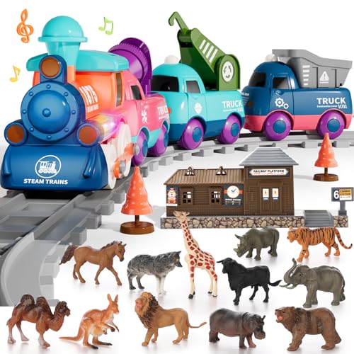 BLF FUN Train Set for Toddlers, Electric Train Toys with Light, Music and Animals, Toddler Magnetic Train Track Playset 3-5, Birthday Gifts for 3 4 5 Years Old Boys Girls
