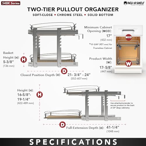 Image of Rev-A-Shelf 2 Tier Pull Out Kitchen Cabinet Storage Organizer with Solid Bottom & Undermount Soft-Close Full Extension Slides, 54BK-18SC-2-1