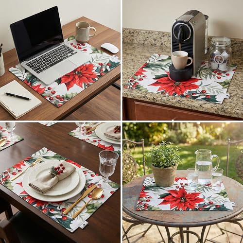Image of Dining Table Mats Set of 6 - Red Flower Chritmas Magic Theme,Digital Print, Washable, Indoor /Outdoor, Heat-Proof, Wipe & Clean (47X33 cm) Red & Green