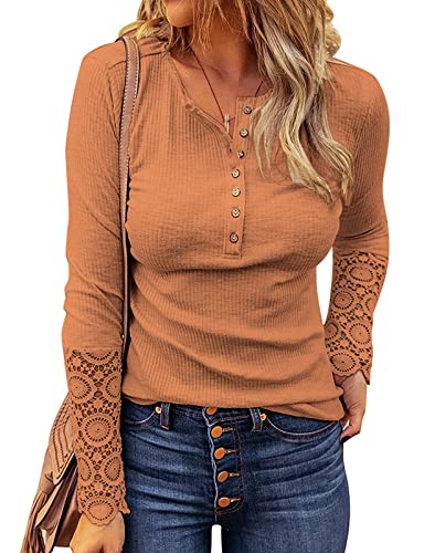 Image of Kancystore Women's Fall Long Sleeve Tops Lace V Neck Button Down Henley Shirts Tunic Blouses