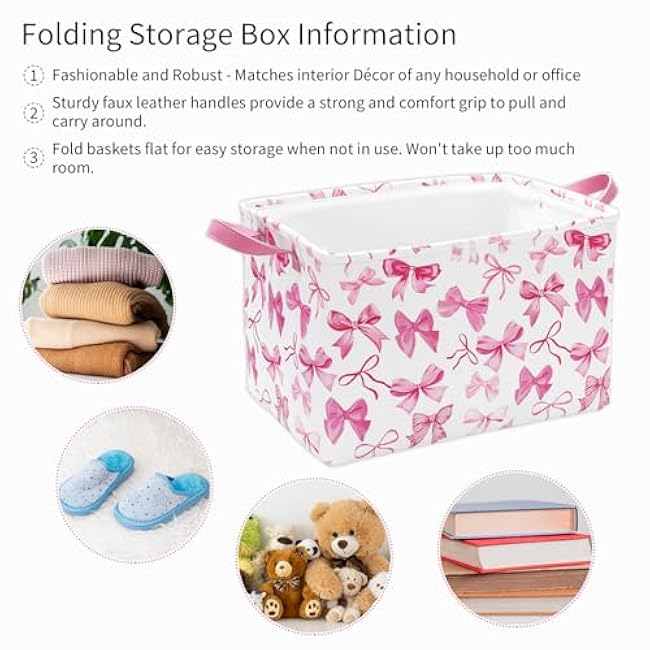 2Pcs Bow Rectangle Storage Basket 15 x 10.2 x 9.4 Inch Pink Bowknot Foldable Open Toy Organizer Bag with Handle Coquette Large Laundry Dirty Cloth Storage Bin for Bedroom Shelves Closet
