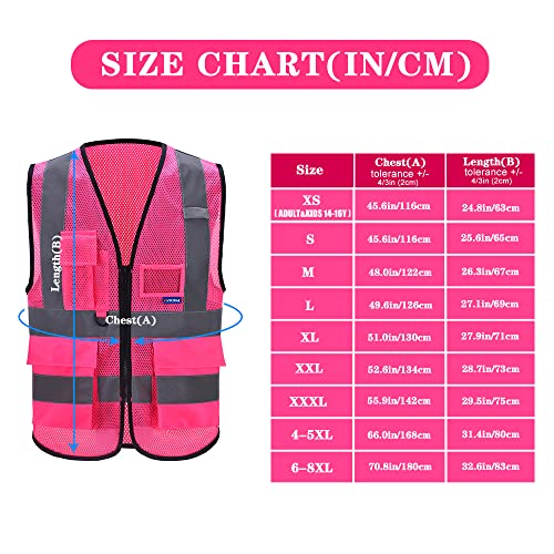 Image of High Visibility Mesh Vest, Clear ID Pocket, Zipper, Pink, 4XL-5XL | Pink 4XL-5XL breathable mesh vest with reinforced zipper pockets, clear PVC ID holder and mic tabs for volunteer events.
