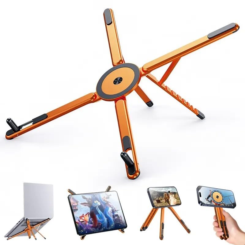 Multi Functional Foldable Magnetic Phone Stand | Adjustable Aluminum Alloy Holder | Compact Portable Desk Tripod | Strong Grip with Anti Slip Pads | Travel Friendly Lightweight Design (Orange)-image-31