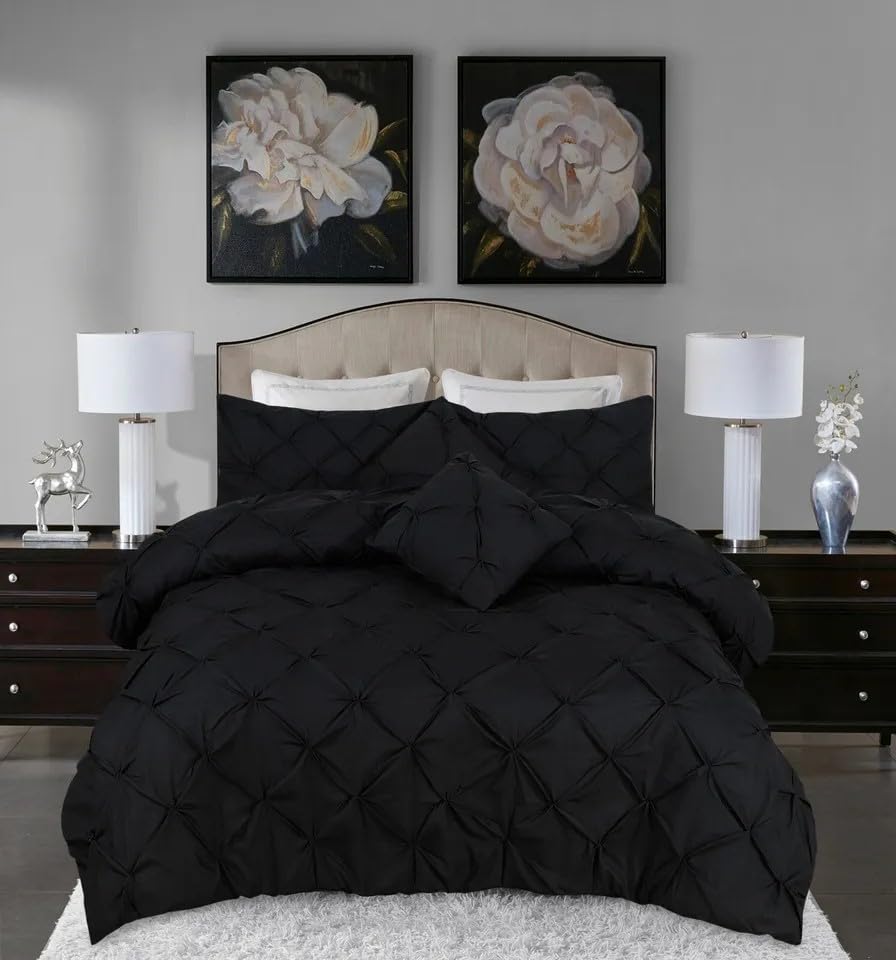 Northern Luxe Pintuck Duvet Cover with Pillowcases – Pinch Pleated Soft Bedding Set, Quilt Cover for Ultimate Comfort Top Notch Quality (Black, Single - Duvet Cover + Fitted Sheet)