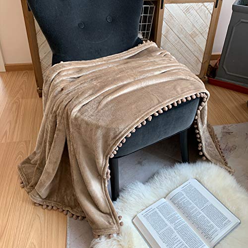 Lomao Flannel Blanket With Pompom Fringe Lightweight Cozy Blanket Soft Throw Blanket Fit Couch Sofa Suitable For All Season (51X63) (Khaki) #TOP1