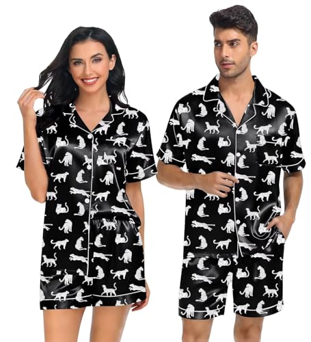 Image of SWOMOG Satin Matching Pajamas Sets Couple Silk Button Down Nightwear Women & Men Short Sleeve Sleepwear 2 Pieces Loungewear