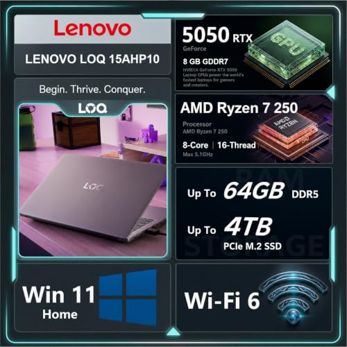 Image of Lenovo LOQ AMD Ryzen 7 250 RTX 5050 Gaming Laptop, 32GB DDR5 | 2TB SSD | 15.6 inch FHD 144Hz, Backlit Keyboard, Numeric Keypad, Ethernet, Wi-Fi 6, Bundle with PCO Laptop Cooler, Win 11 Home, Wi-Fi 6