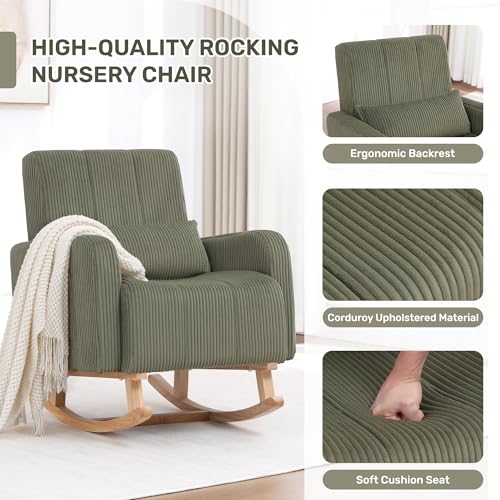 Image of HCHAIRH Rocking Chair with Ottoman, Upholstered Glider Rocker with High Backrest and Side Pocket, Corduroy Comfy Reading Chair with Solid Wood Legs for Nursery, Living Room,Bedroom Olive Green