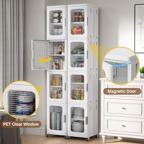 Image of BROVIEW 3-Tier Tall Narrow Storage Cabinet Organizer, Slim Bathroom Cabinets with Adjustable Shelves and Doors, Plastic Kitchen Pantry Organizers and Storages for Small Space, Laundry, White