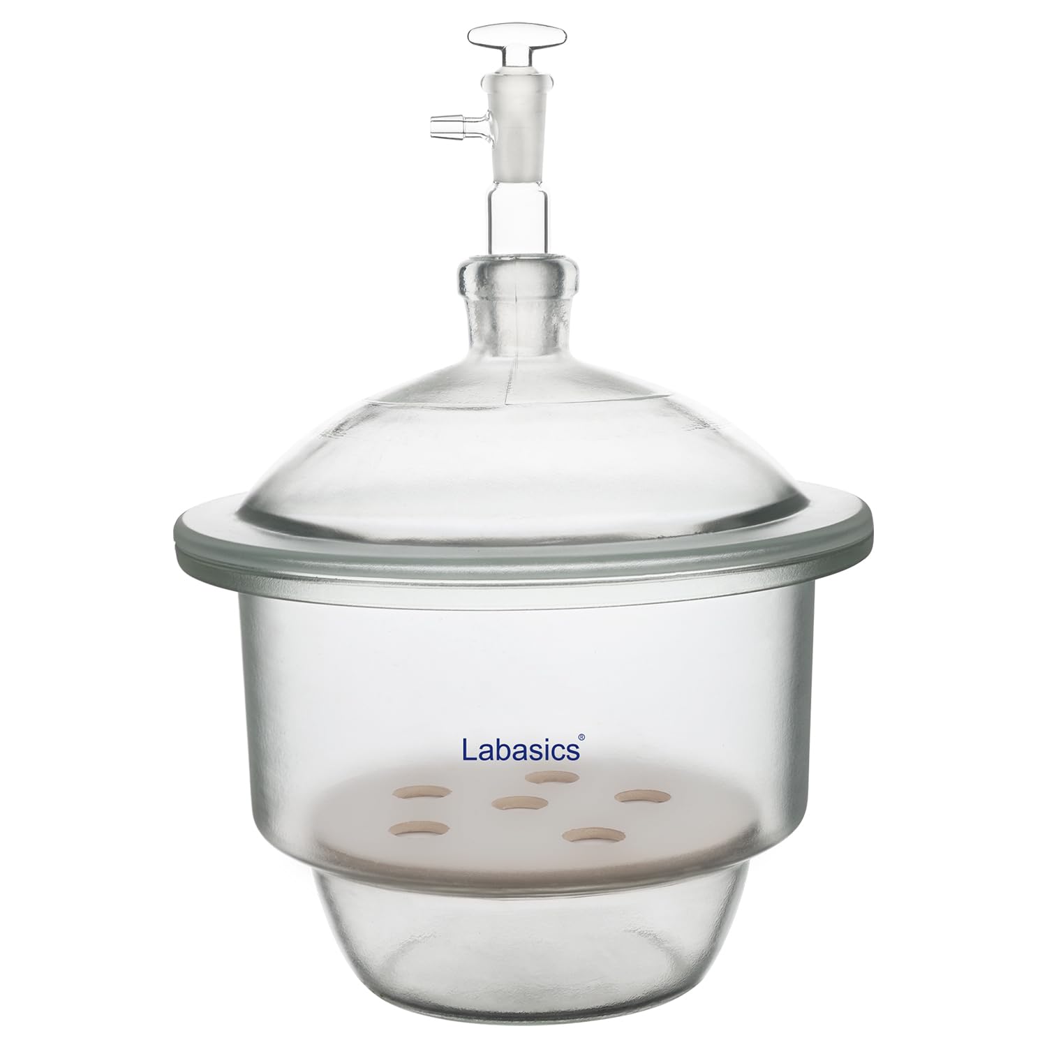 Labasics Desiccante Sottovuoto in Vetro, Desiccante Sottovuoto in Vetro con Valvola Sottovuoto in Vetro e Piatto in Porcellana per Ricerca di Laboratorio, 180 mm