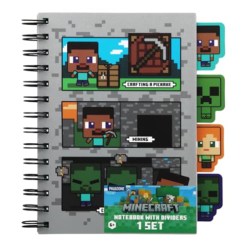 Paladone Minecraft Notebook Schreibwaren-Set für Jungen, offiziell lizenzierter A5 Spiral-gebundener Planer mit 4 Trennwänden und Lineal, Back to School Supplies