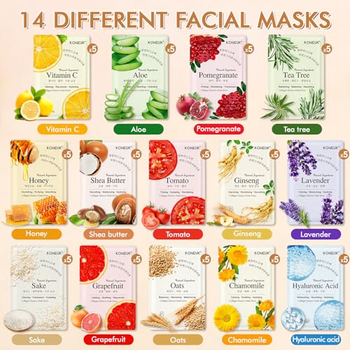 Image of 70 Pack Sheet Face Masks Skincare, Hydrating Facial Mask for Dry Oily Skin