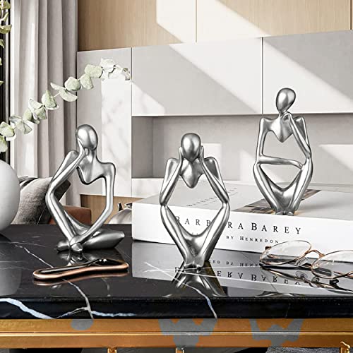 Silver Sculpture 3 Pcs Thinker Statue Set Abstract Sculptures Home Decor Modern Small Silver Statues Decor Accents For Bookshelf Coffee Table Shelf Desktop Office Decor Collectible Figurines Decor #TOP1