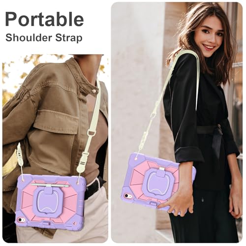 Image of Scnioy Case for iPad (A16) 11th Generation 11 Inch (2025), iPad 10th Generation Case 10.9 Inch (2022), Shockproof Cover with 360 Rotating Stand Screen Protector Pen Holder Shoulder Strap, Purple Pink