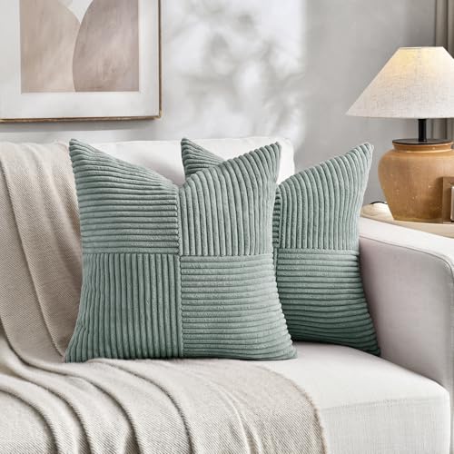 Image of Fancy Homi 2 Packs Grey Blue Samll Decorative Throw Pillow Covers 14x14 Inch with for Couch Bed Sofa, Rustic Farmhouse Boho Home Decor, Soft Corss Patchwork Corduroy Square Cushion Case 35x35 cm
