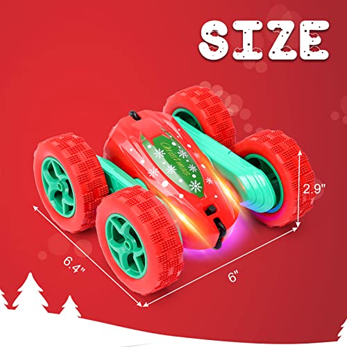 2PACK Christmas Style Remote Control Car RC Stunt Car for Kids,2.4Ghz High Speed Rock Crawler Vehicle,360 Rotating 4WD Off Road Double Sided Rotating Tumbling with 4 Rechargeable Battery，Red+Green