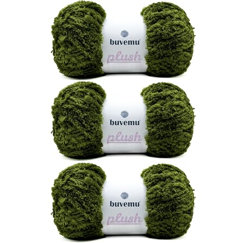 Image of Plush Faux Fur Bulky Yarn, Super Soft Fluffy Fuzzy for Knitting Crocheting Crafting, 100 Gram (3.53 Ounces) 109 Yards (100 Meters) (Olive Green) (3 Skeins)