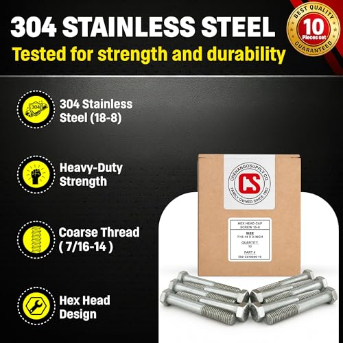 Image of Stainless 7 /16-14 x 3 inch Hex Head Bolts (3 /4 inch to 5 inch Lengths Available in Listing), 304 Stainless Steel, 10 Pieces (7 /16-14 x 3 inch)