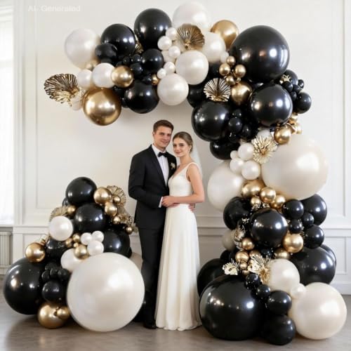 Image of Blocesa Black Gold White Balloons Arch Kit, Double Stuffed, Latex, Party. | Black, chrome gold, pearl white sand ivory balloons. Perfect for weddings, birthdays, events, New Year's parties decor.