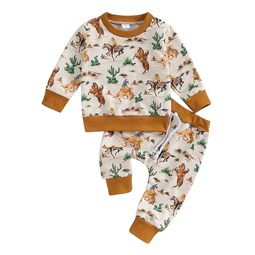 Image of Muasaaluxi Western Baby Boy Clothes Long Sleeve Waffle Crewneck Sweatshirt Cow Print Jogger Pants Cowboy Fall Winter Outfit