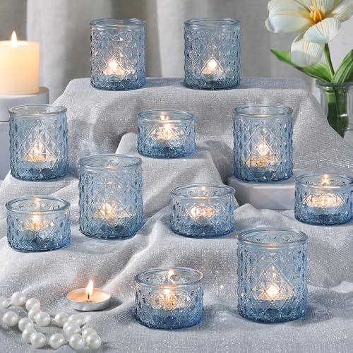 MATAHUM 20 Pcs Blue Glass Tealight Candle Holders Bulk