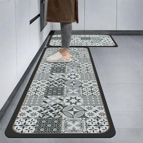 Image of Luxe Home Kitchen Mat Combo Geometric Design Standing Desk Floor Mat Non Slip Kitchen Rugs, Comfort Runner Floor for Home Office, Sink & Laundry - Grey (116x36 & 58x36 cm PC-2)