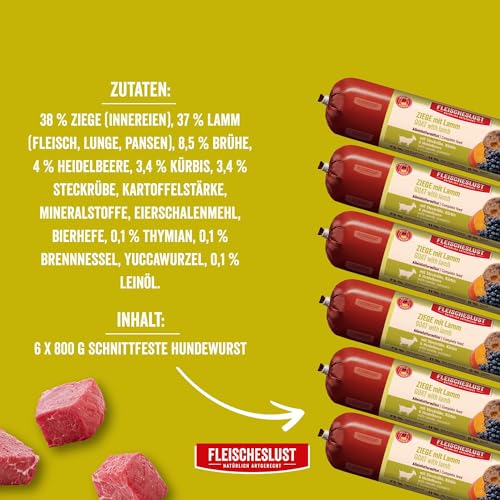Fleischeslust Hundewurst | Ziege & Lamm mit Steckrübe, Kürbis & Heidelbeere | Futterbox (6x800g) | Nassfutter | schnittfest | getreidefrei | Alleinfuttermittel für ausgewachsene Hunde
