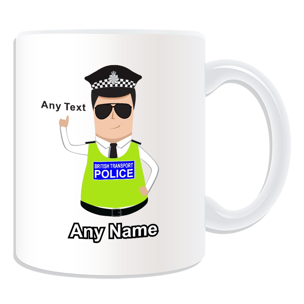 Unigift White Personalised Gift - British Transport Police Mug (Police Design Theme, ) - Any Name/Message On Your Unique - Btp - Dark/Black Hair Policeman Hat Cap