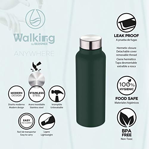 Bergner Garrafa de água 750 ml de aço inoxidável verde caminhada em qualquer lugar, 750 ml verde