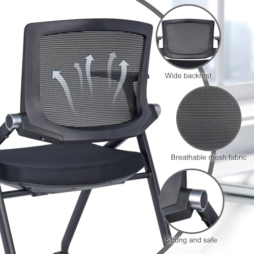 Image of Upgraded Folding Chair with Wheels and Padded, Ergonomic Mesh Back and Arms for Office, Meetings, Conferences, Receptions, Training Rooms & Folding Office Chairs