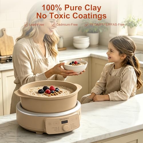 Image of MAGNIFIQUE Slow Cooker, 4.5 Quart 8-in-1 Clay Pot Multi-Cooker, Non-Toxic Slow Cooker with Removable Clay Pot, for Rice, Pasta, Steam & Proof, Nonstick, Oven Safe Pot to 500F, Brown