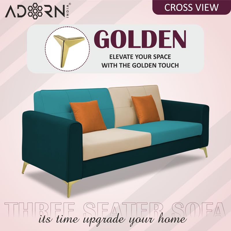 Image of Adorn India Premium Harlem 3 Seater Sofa | Velvet Suede Upholstery | 3-Year Warranty | Ocean Blue, Aqua Blue & Beige with Gold Legs & Cushion