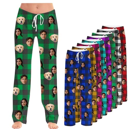Ninedayx Pantalones de pijama personalizados para mujer, pijamas personalizados para mujer, pijamas con fotos personalizadas, cualquier foto en la cabeza, pantalones con estampado a cuadros,