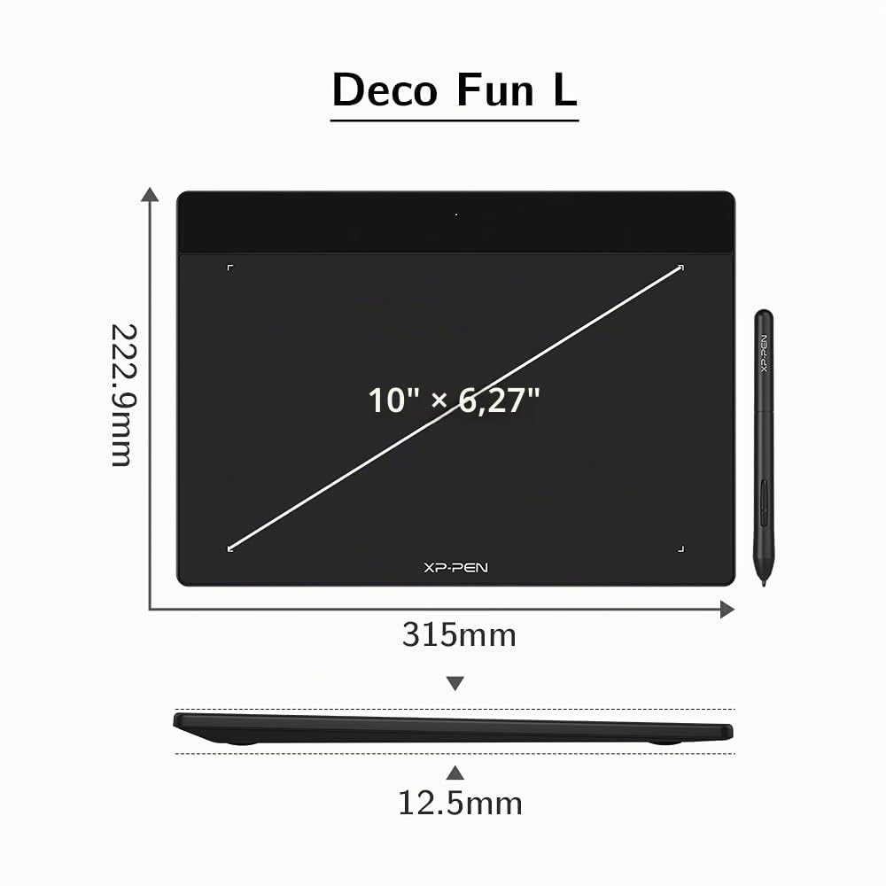 XP-Pen Deco Fun L Grafiktablett, 25,4 x 15,2 cm, mit passivem Eingabestift, 8192 Stufen und 60-Grad-Neigungen, kompatibel mit Mac Windows Chrome OS und Android, Schwarz