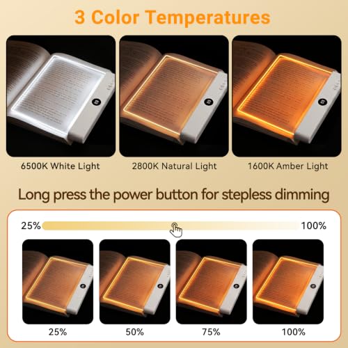 Image of Amber Book Light, Rechargeable Clear LED Flat Reading Light with 3 Colors & Timer, Dimmable Panel Plate Lamp Book Full Page Light for Reading in Bed at Night, Funny Gifts for Readers Book Lovers