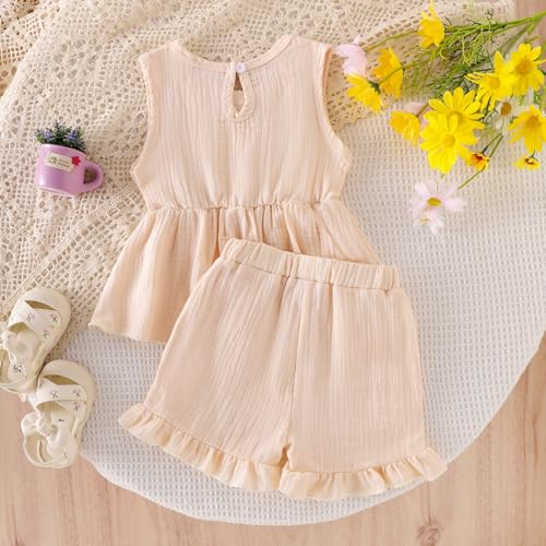 Image of Toddler Girl Clothes Sleeveless Top Shorts 2Pc Summer Outfit 12M-5T | 100% Cotton, Soft breathable, Double crepe fabric, Adorable bow ruffle pocket design, Perfect for daily wear, birthday, party