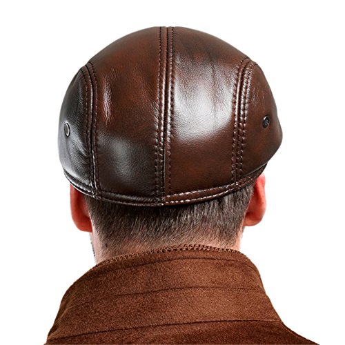 VEMOLLA Men's Real Cowhide Leather Beret Hunting Cap Beanie Trucker Cap Mens Sports Hat Ancient Brown L - Thumbnail 3