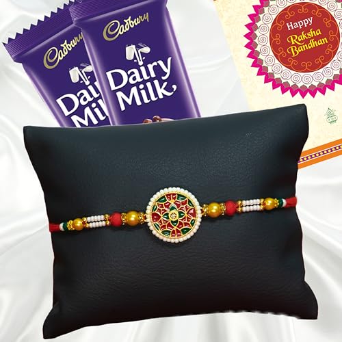 Image of Canton Rakhii Gift for Brother with Chocolate - Designer Rakhi for Brother with Cadbury Gift Hamper Pack, Roli Kumkum & Greeting Card (Design-7, 1 Rakhi + Cadbury)