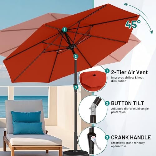 Image of AreShark 9ft 2 Tiers Patio Umbrella - Outdoor Umbrella Waterproof UV Protection, Market Table Umbrella w /Push Button Tilt&Crank for Pool, Porch, Garden(Red)