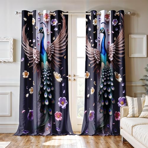 Image of Ultimate Trends Room Darkening Digital Printed Peacock Prints Curtain 65-70% Opacity,Diamond Eyelets, Tie Back, 8 FEET Pack of 1,Deep Navy