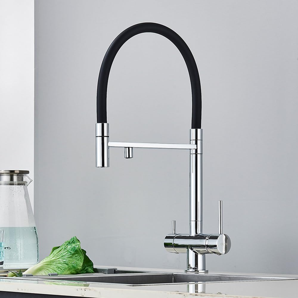FCXWEVR Polished Chrome Kitchen Water Filter Faucet Dual Spout Drinking Water Mixer Tap with Rotating Design for Enhanced Purification and Style