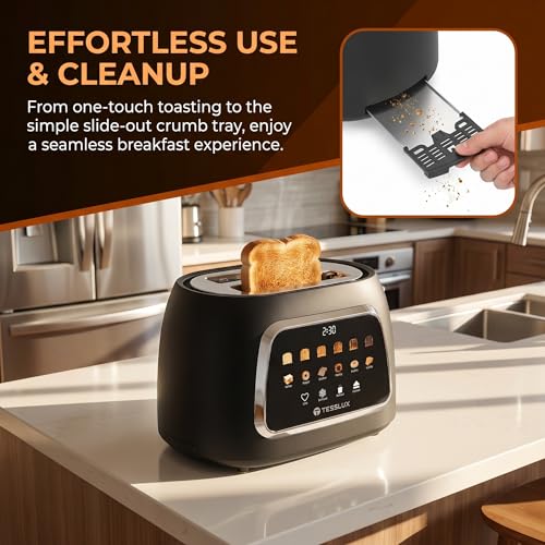 Image of Tesslux 2 Slice Toaster with Touch Screen Control, 1.5 inch Wide Long Slots, 6 Browning Levels & 6 Bread Types, Digital Timer, Memory, Defrost, Reheat (Black, 2 Slice)