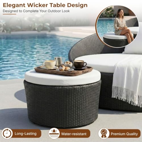 Image of DEVOKO Outdoor Pool Side, Garden, Balcony, Porch, Backyard, Terrace, Patio, Beach Round Sofa Wicker and Rattan Daybed with Table Furniture Set (Black & Offwhite)