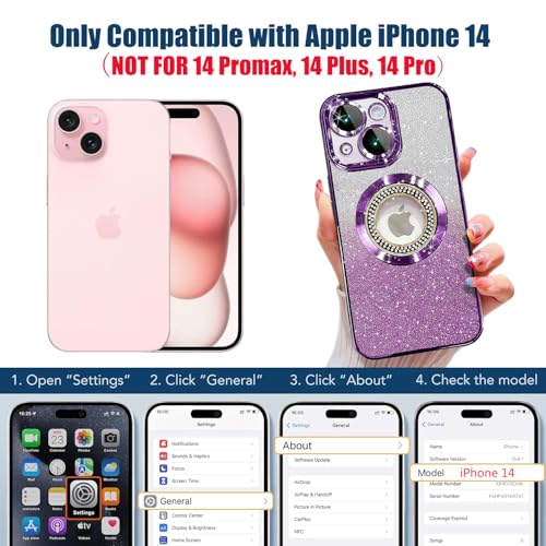 Image of Misscase for iPhone 14 Magnetic Glitter Case Compatible with MagSafe,Full Protection Slim Shockproof Anti-Scratch Case with Camera Lens Protector Logo View Dust-Proof Net for Women Purple